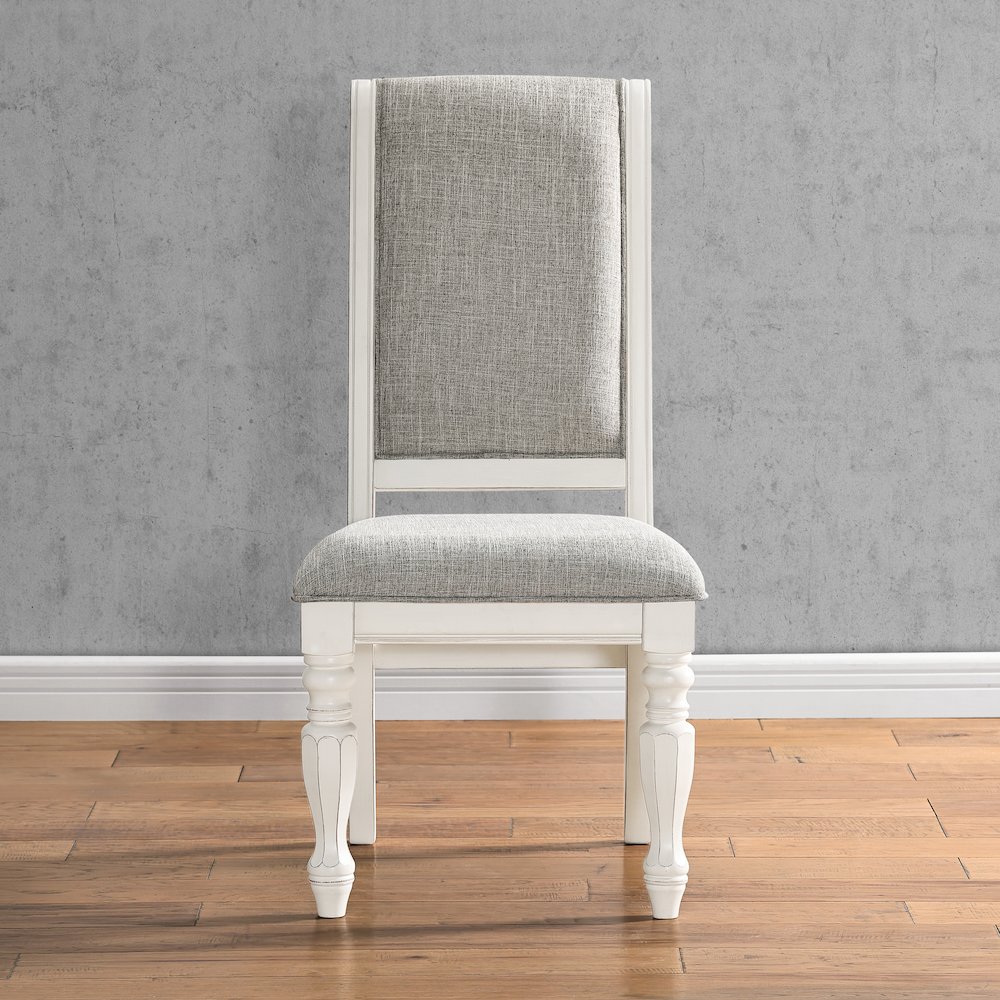 Belleza Antique White Solid Wood Upholstered Dining Chairs, Set of 2. Picture 4