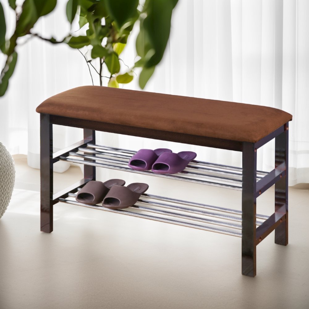 Choa Metal Shoe Bench with Faux Leather Seat, Dark Espresso and Chocolate. Picture 2