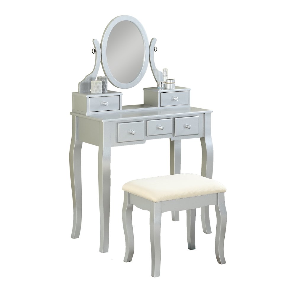 Ashley Wood Makeup Vanity Table and Stool Set, Silver. Picture 1