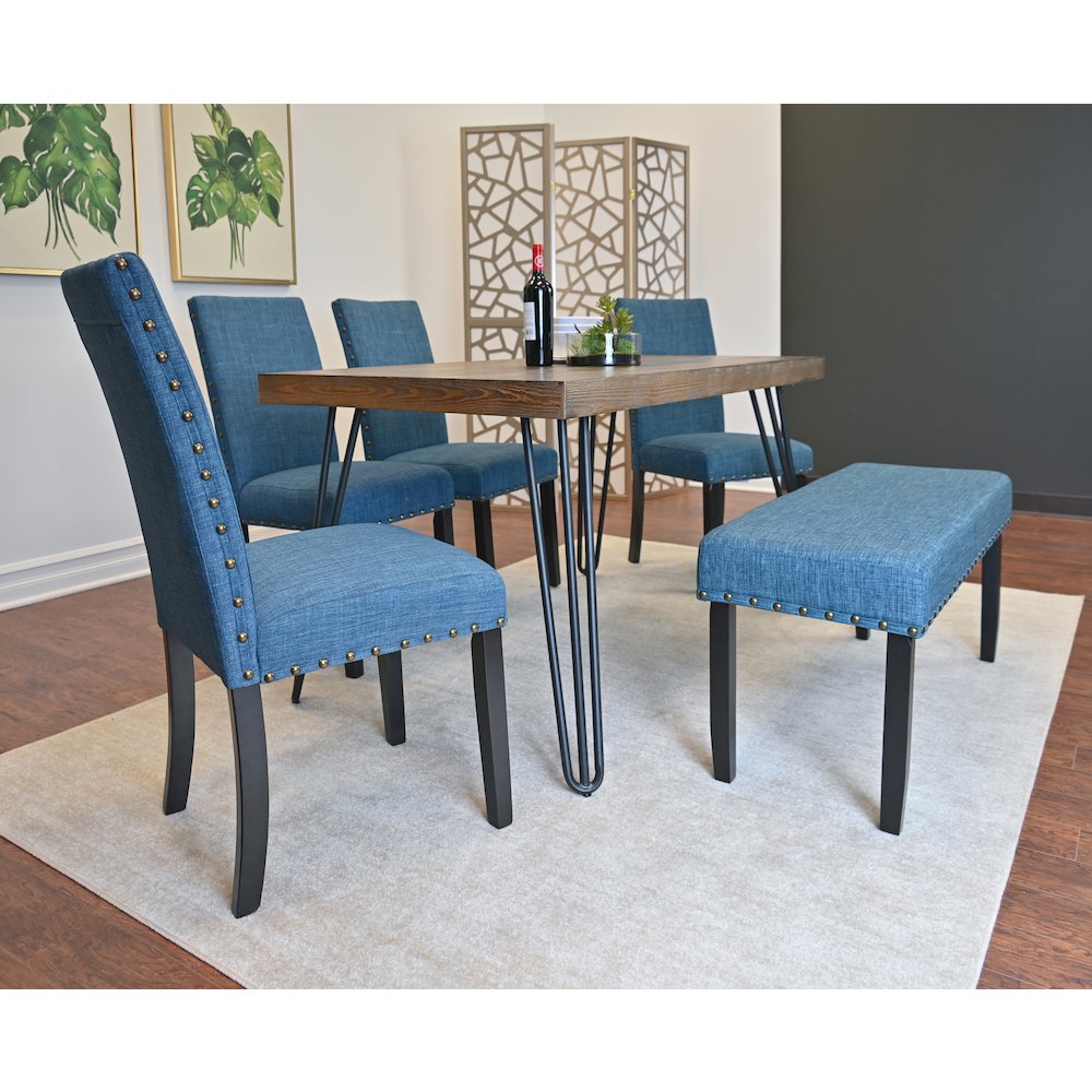 Amisos 6-Pc Dining Set, Hairpin Dining Table with 4 Chairs and Bench, Blue. Picture 4