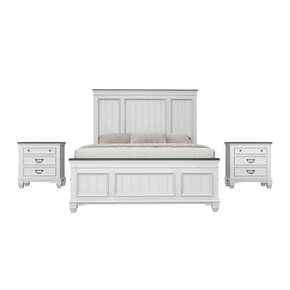 Clelane 3-Piece Wood Bedroom Set, Queen Bed and 2 Nightstands, Weathered White. Picture 1