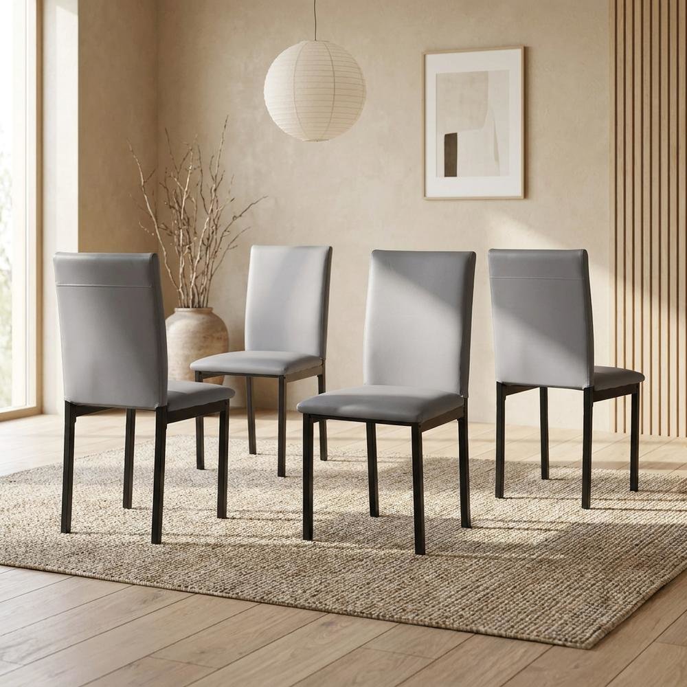 Faux Leather Metal Frame Modern Dining Room Chairs Set, Grey, Set of 4. Picture 3