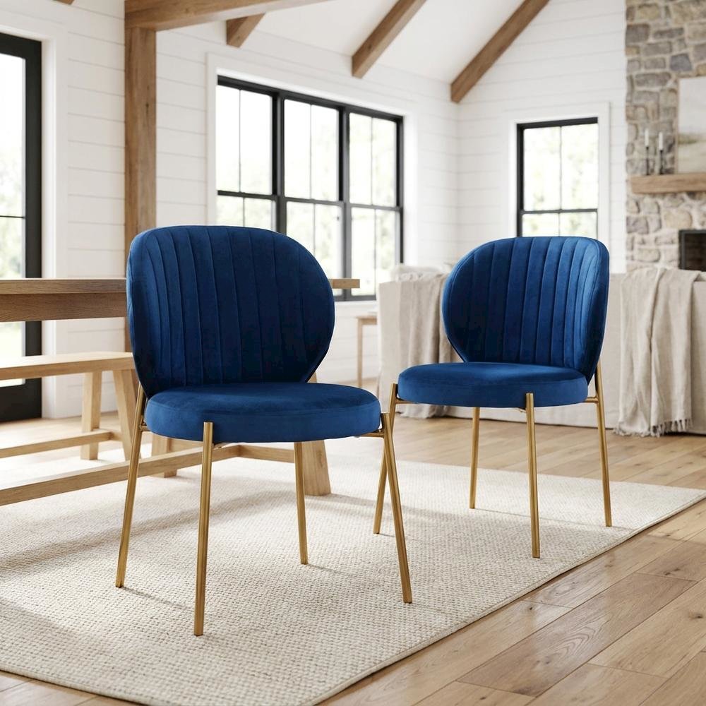 Velvet Upholstered Dining Chairs with Metal Legs, Blue, Set of 2. Picture 3