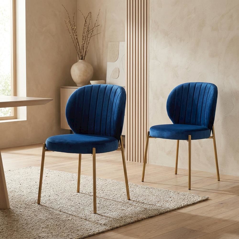 Velvet Upholstered Dining Chairs with Metal Legs, Blue, Set of 2. Picture 4