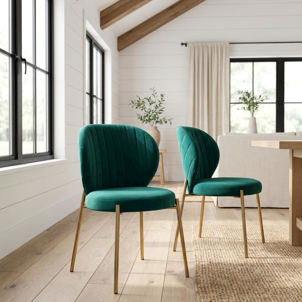 Velvet Upholstered Dining Chairs with Metal Legs, Green, Set of 2. Picture 2
