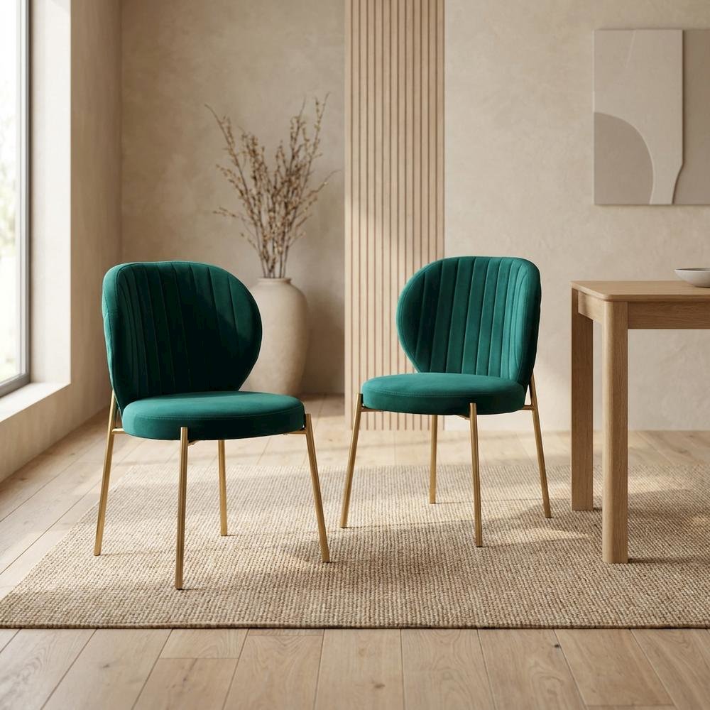 Velvet Upholstered Dining Chairs with Metal Legs, Green, Set of 2. Picture 3