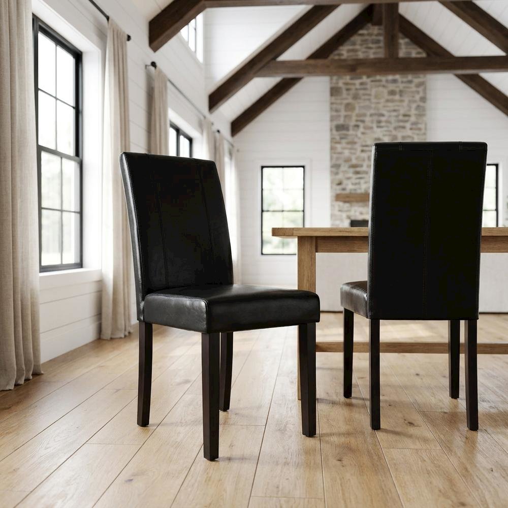 Solid Wood Faux Leather Upholstered Parson Dining Chairs, Black, Set of 2. Picture 2