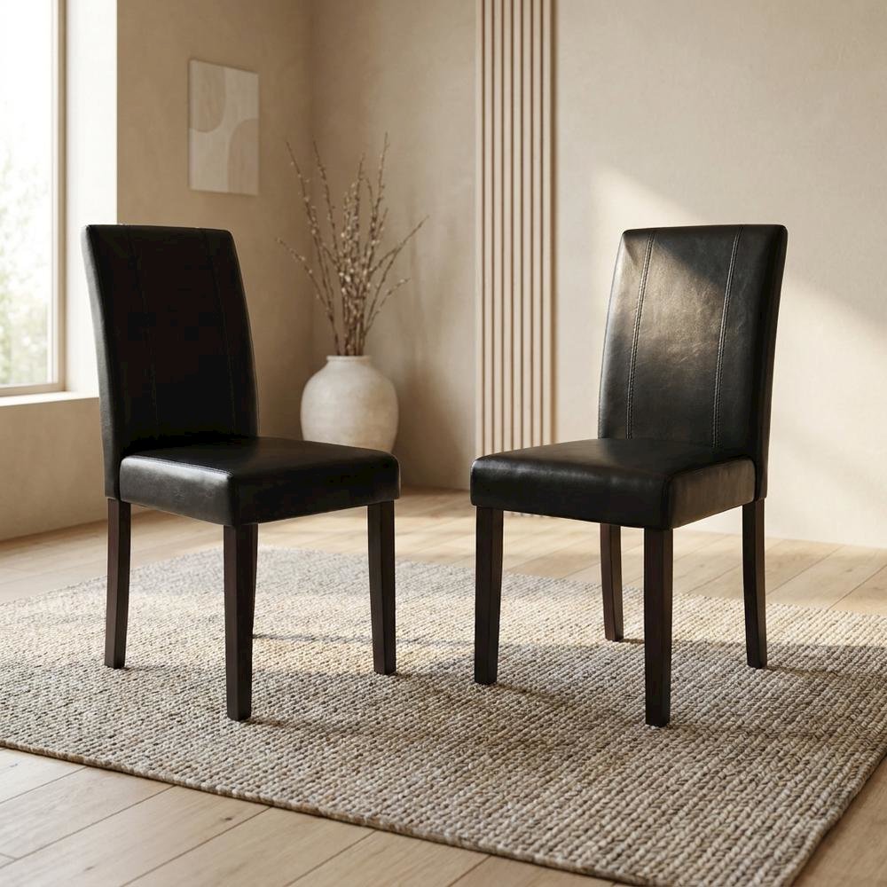 Solid Wood Faux Leather Upholstered Parson Dining Chairs, Black, Set of 2. Picture 3