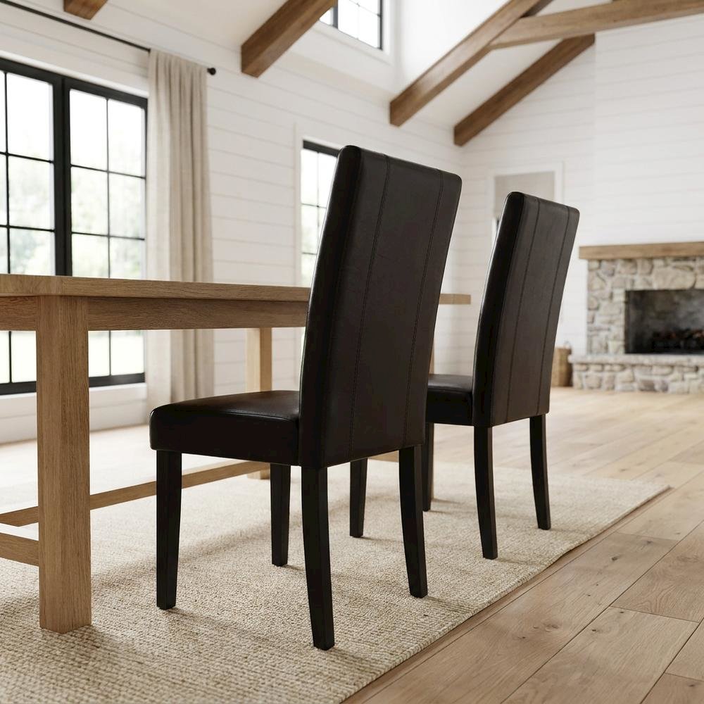 Solid Wood Faux Leather Upholstered Parson Dining Chairs, Brown, Set of 2. Picture 3