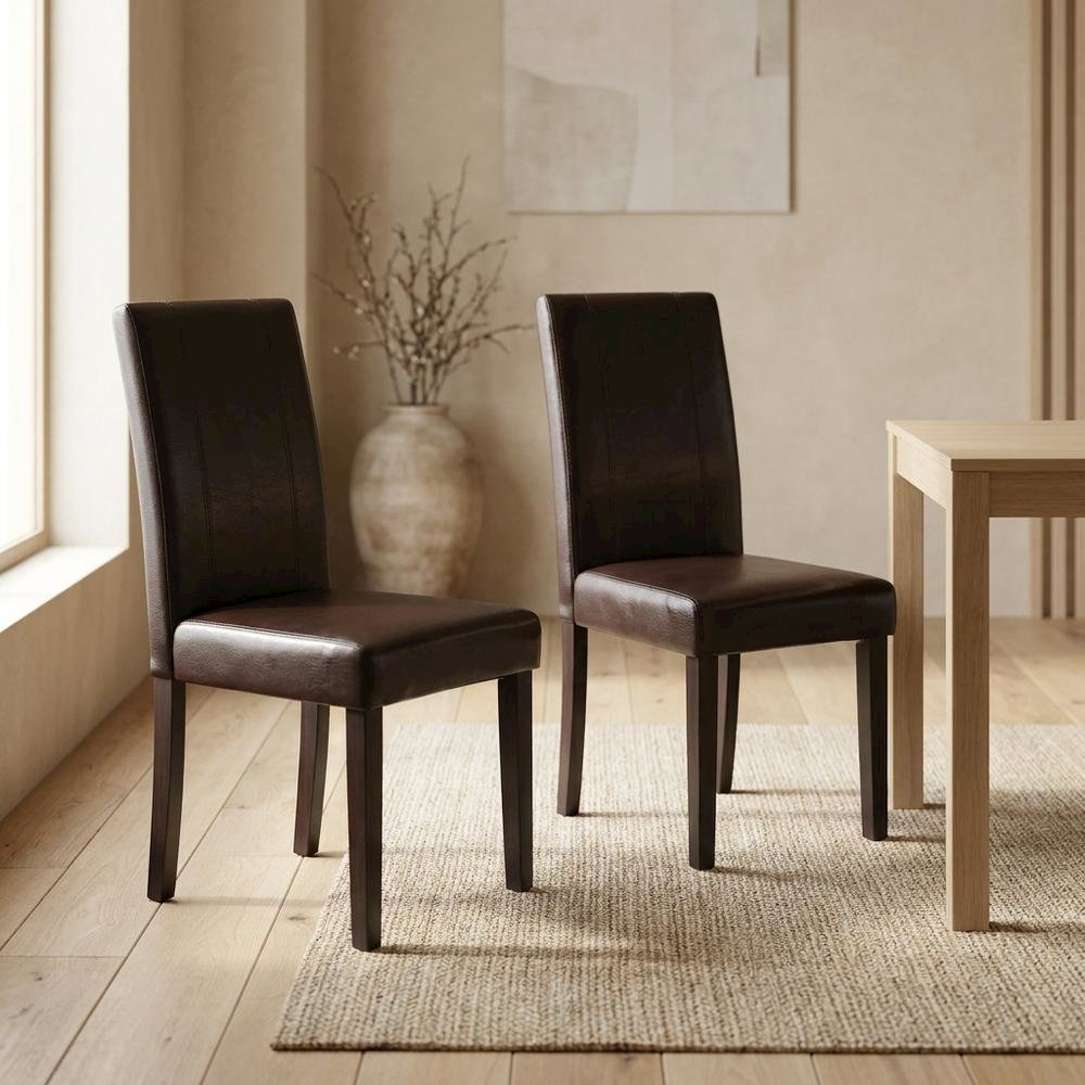 Solid Wood Faux Leather Upholstered Parson Dining Chairs, Brown, Set of 2. Picture 4