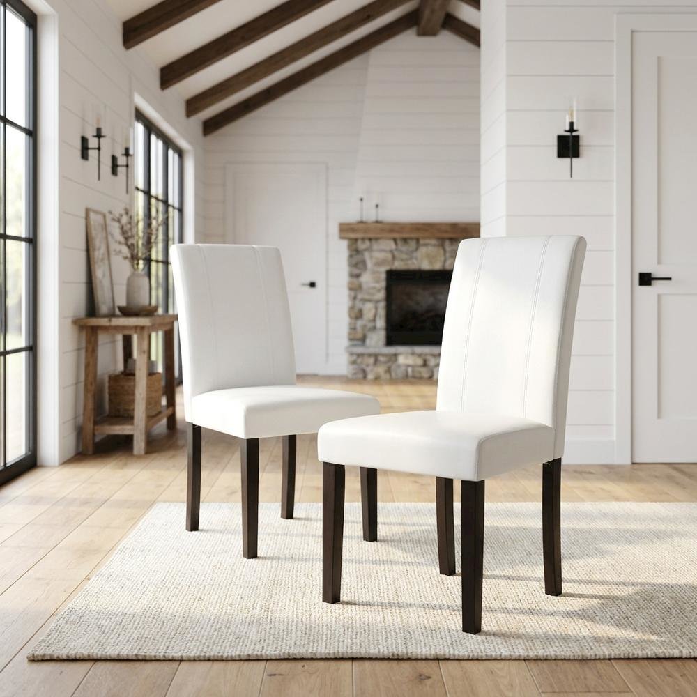 Solid Wood Faux Leather Upholstered Parson Dining Chairs, White, Set of 2. Picture 2