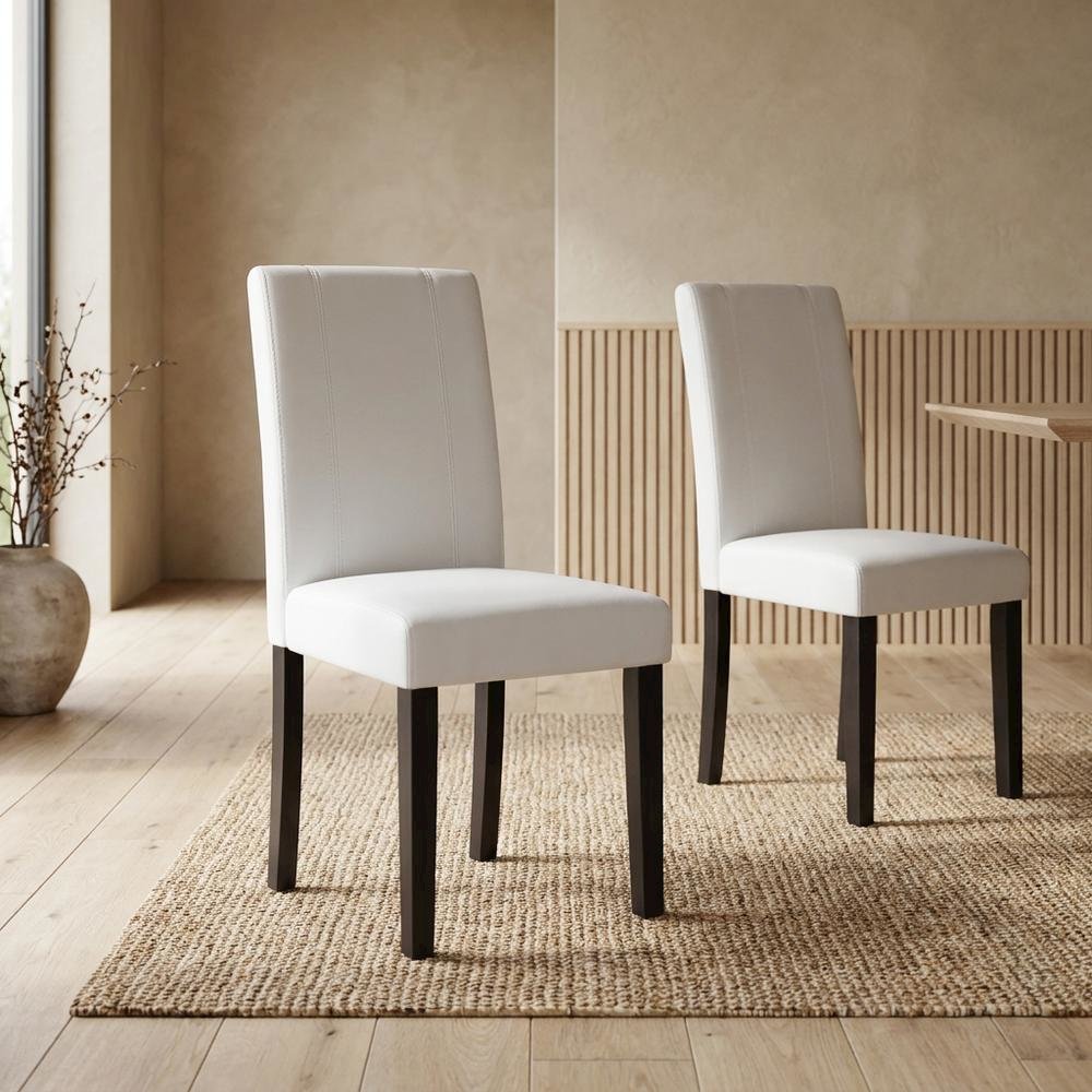 Solid Wood Faux Leather Upholstered Parson Dining Chairs, White, Set of 2. Picture 3