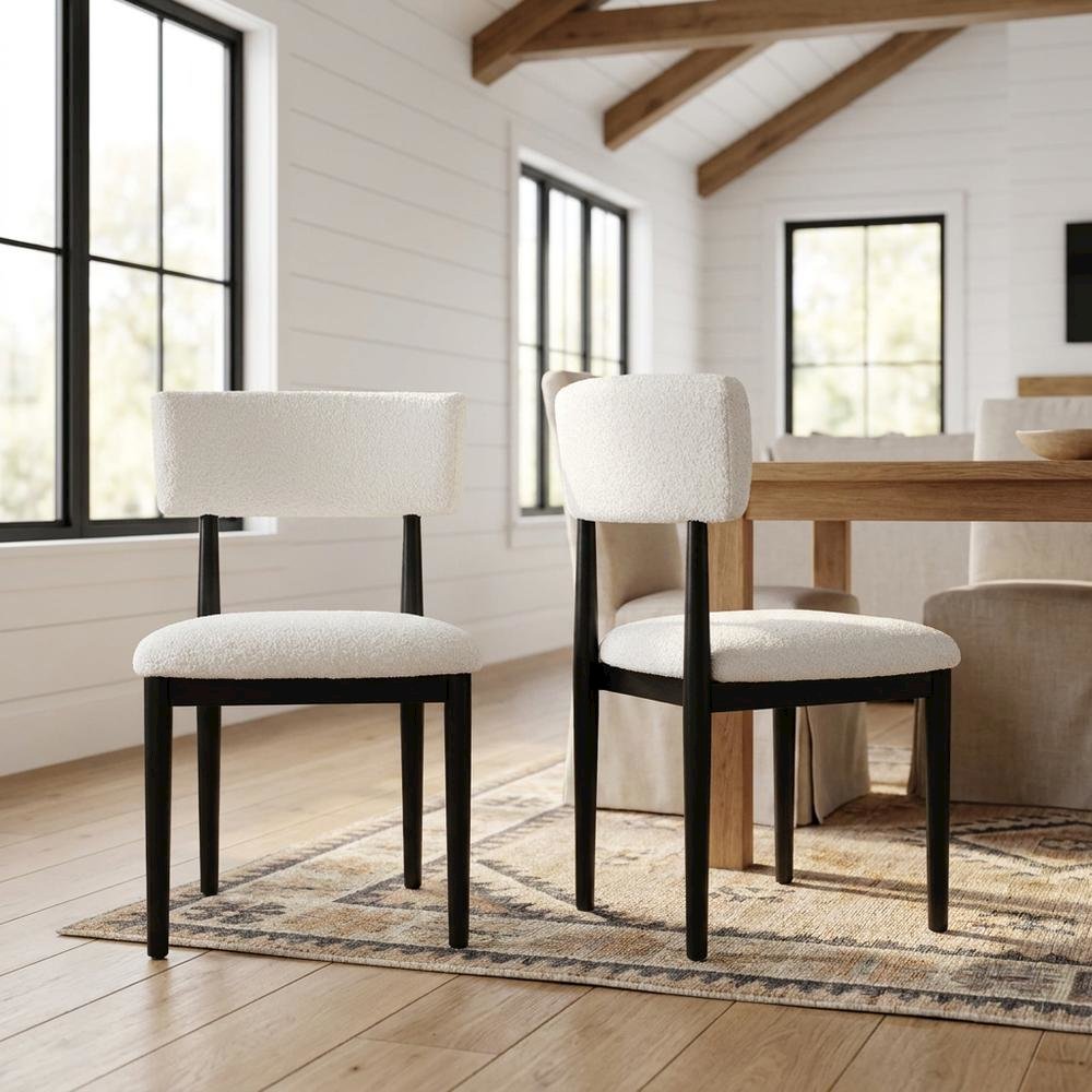 Boucle Upholstered Dining Chairs with Solid Wood Legs, Black, Set of 2. Picture 3