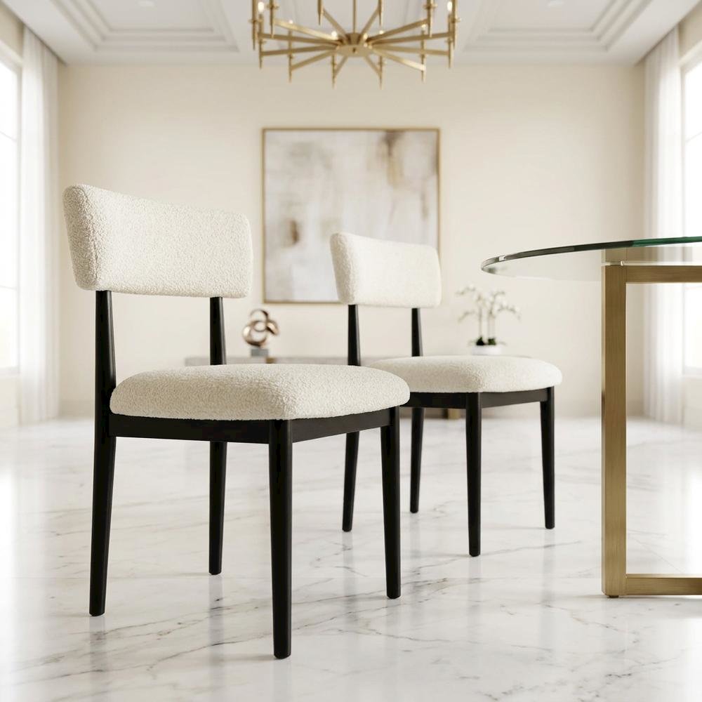Boucle Upholstered Dining Chairs with Solid Wood Legs, Black, Set of 2. Picture 4