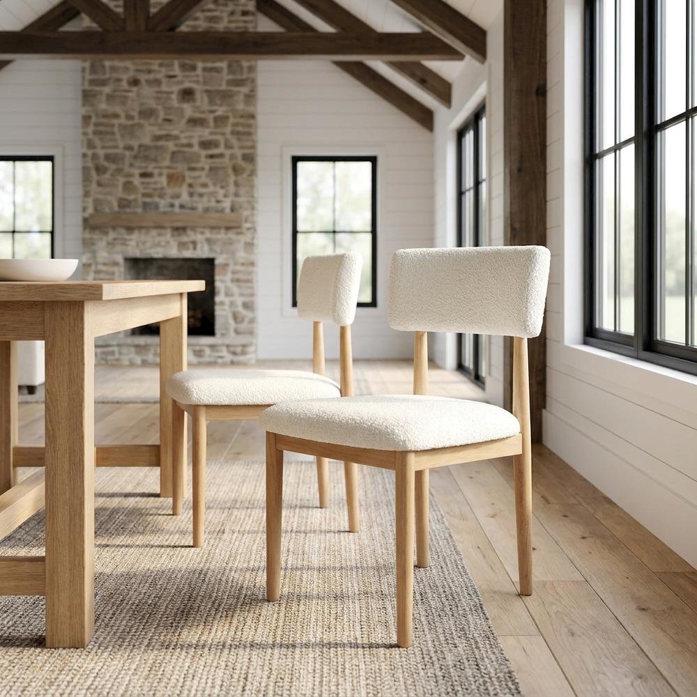 Boucle Upholstered Dining Chairs with Solid Wood Legs, Natural, Set of 2. Picture 3