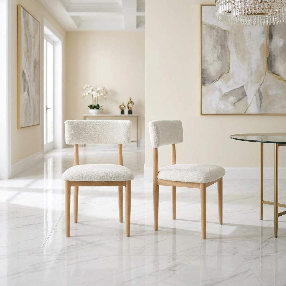 Boucle Upholstered Dining Chairs with Solid Wood Legs, Natural, Set of 2. Picture 4
