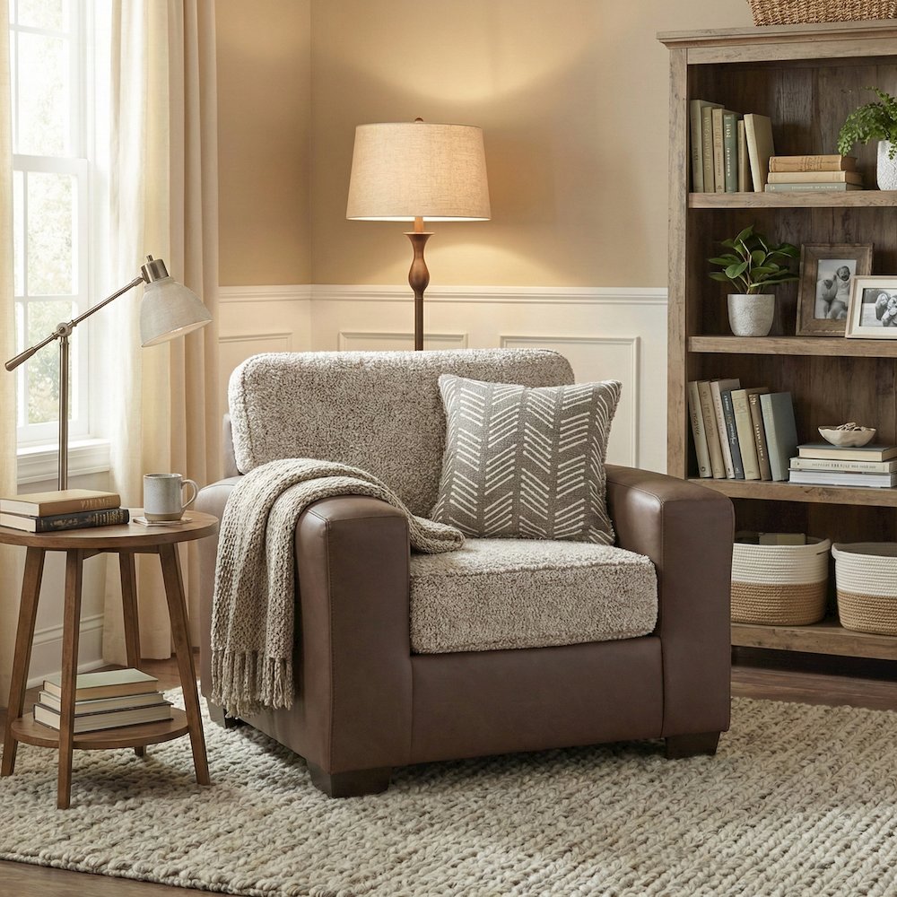Marvella 2-Piece Living Room Set, Chair and Ottoman, Chocolate Faux Leather. Picture 6