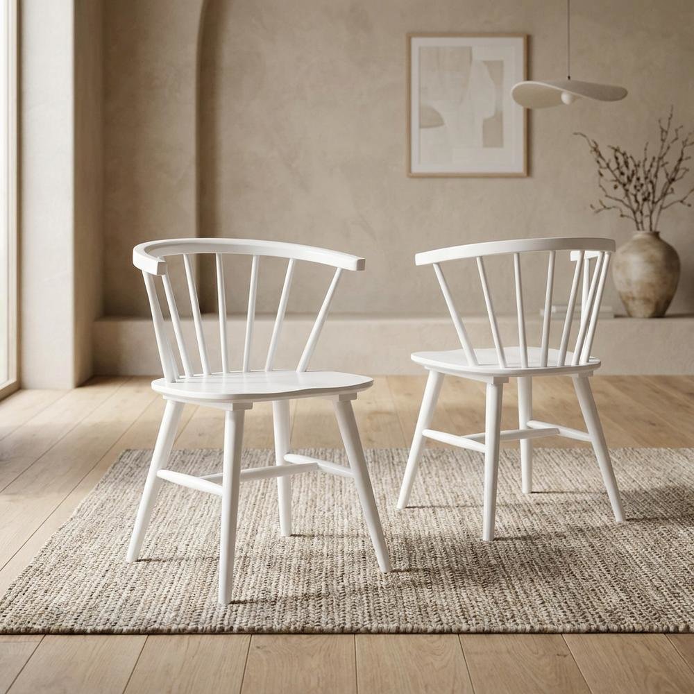 Wooden Spindle Back Windsor Dining Chairs, White, Set of 2. Picture 4