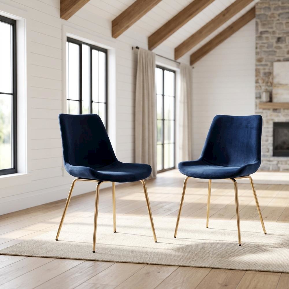 Modern Velvet Upholstered Dining Chairs with Metal Legs, Blue, Set of 2. Picture 2