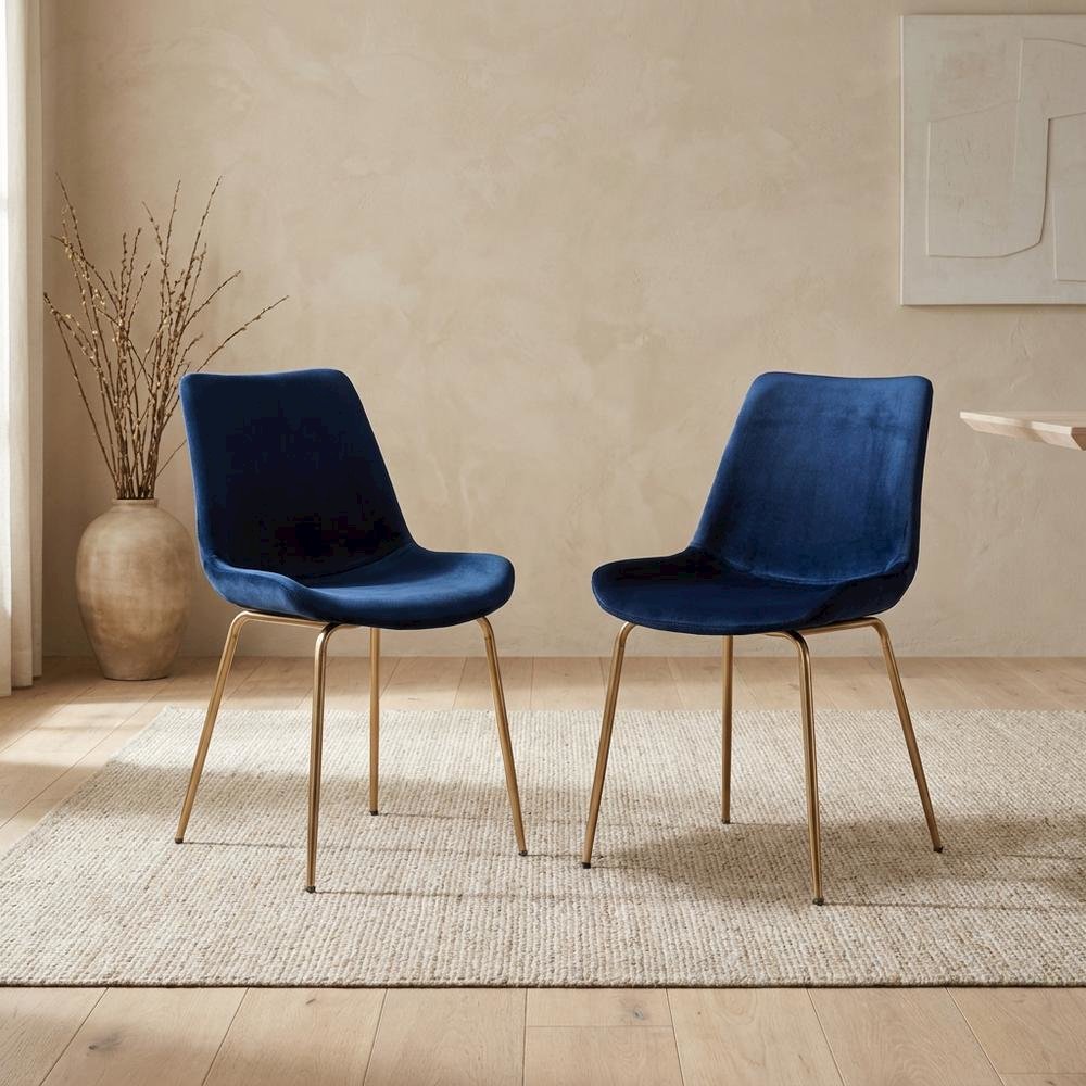 Modern Velvet Upholstered Dining Chairs with Metal Legs, Blue, Set of 2. Picture 3