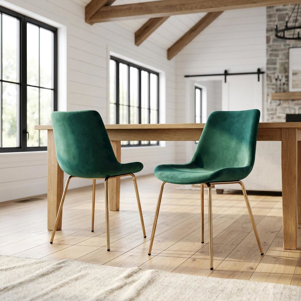 Modern Velvet Upholstered Dining Chairs with Metal Legs, Green, Set of 2. Picture 3