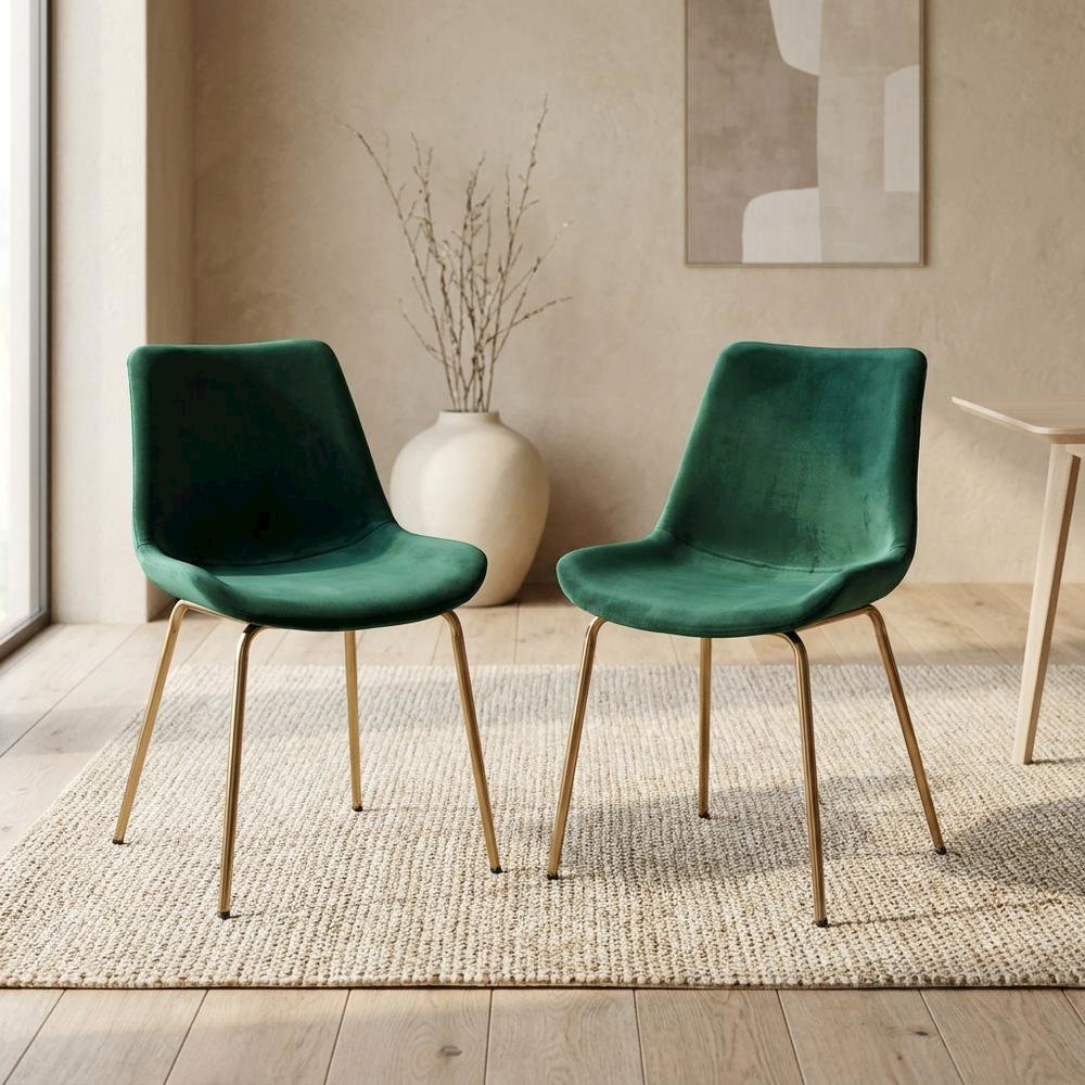 Modern Velvet Upholstered Dining Chairs with Metal Legs, Green, Set of 2. Picture 4