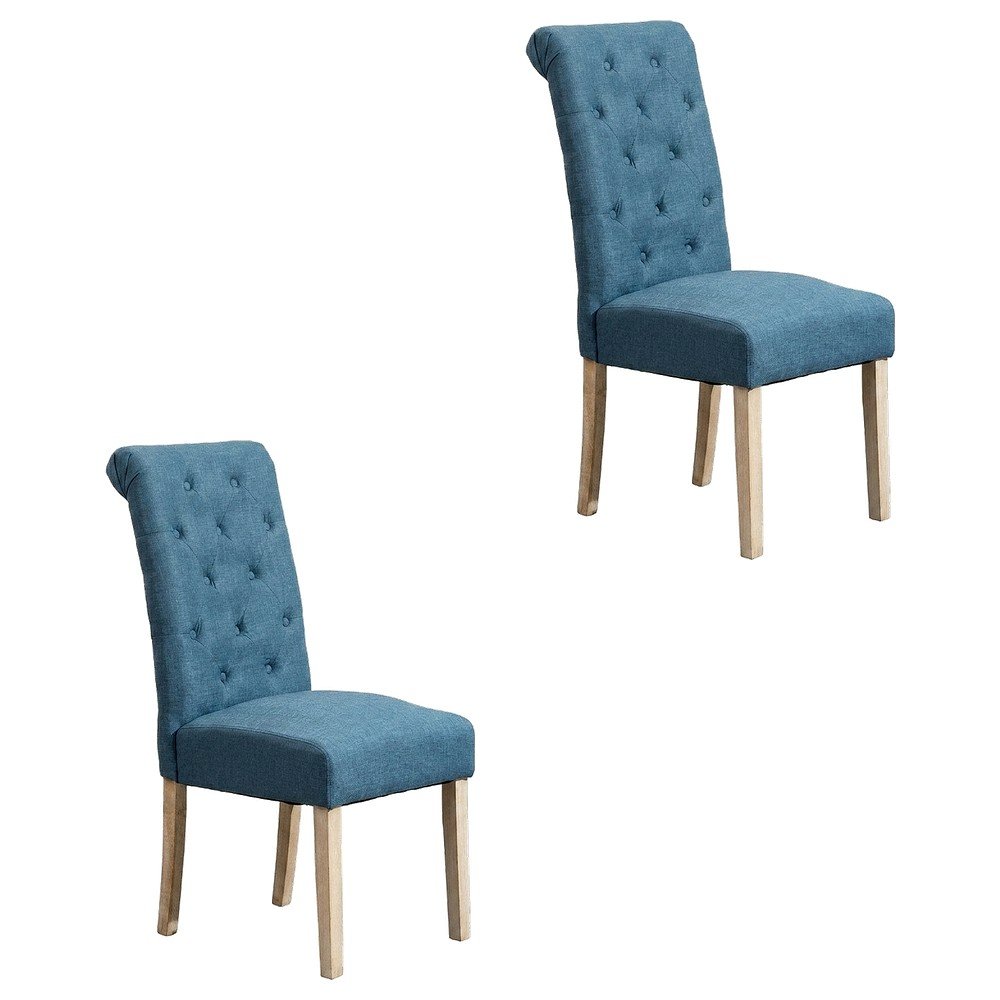 Solid Wood Tufted Parsons Upholstered Fabric Dining Chairs, Blue, Set of 2. Picture 1