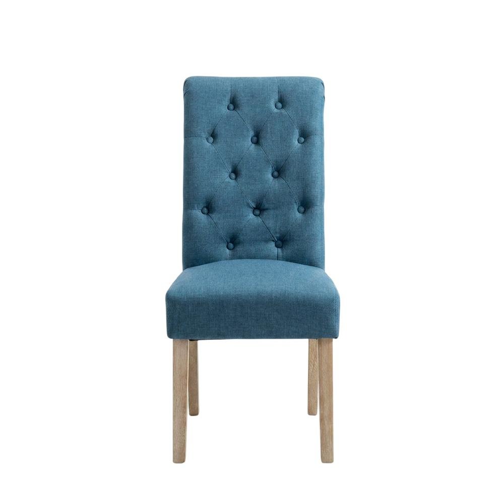 Solid Wood Tufted Parsons Upholstered Fabric Dining Chairs, Blue, Set of 2. Picture 2
