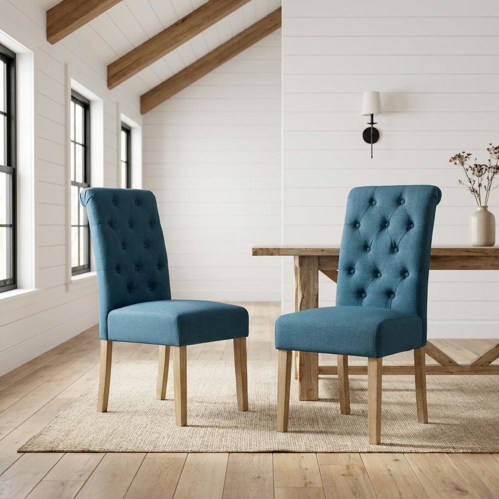 Solid Wood Tufted Parsons Upholstered Fabric Dining Chairs, Blue, Set of 2. Picture 3