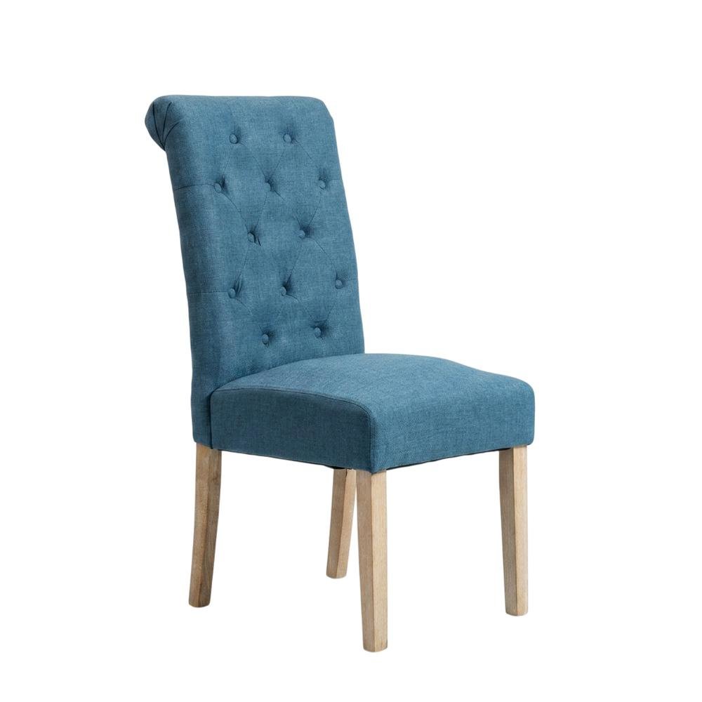 Solid Wood Tufted Parsons Upholstered Fabric Dining Chairs, Blue, Set of 2. Picture 5