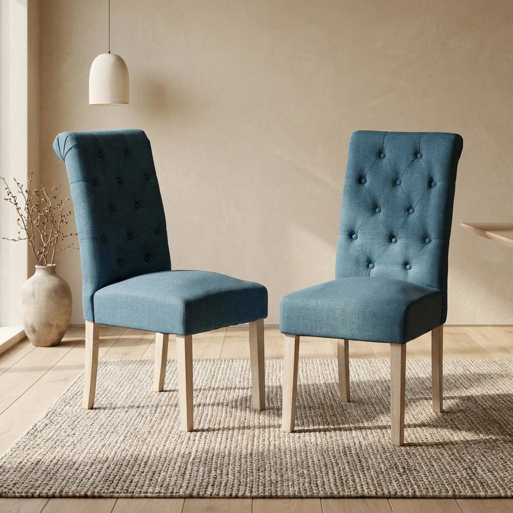 Solid Wood Tufted Parsons Upholstered Fabric Dining Chairs, Blue, Set of 2. Picture 4