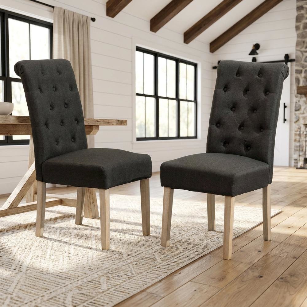 Solid Wood Tufted Parsons Upholstered Fabric Dining Chairs, Charcoal, Set of 2. Picture 3