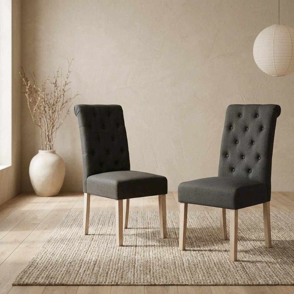 Solid Wood Tufted Parsons Upholstered Fabric Dining Chairs, Charcoal, Set of 2. Picture 4