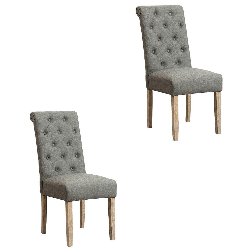 Solid Wood Tufted Parsons Upholstered Fabric Dining Chairs, Grey, Set of 2. Picture 1