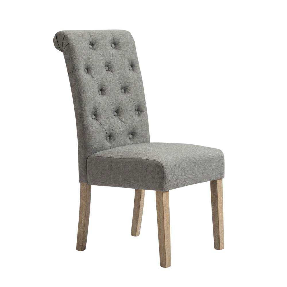 Solid Wood Tufted Parsons Upholstered Fabric Dining Chairs, Grey, Set of 2. Picture 5