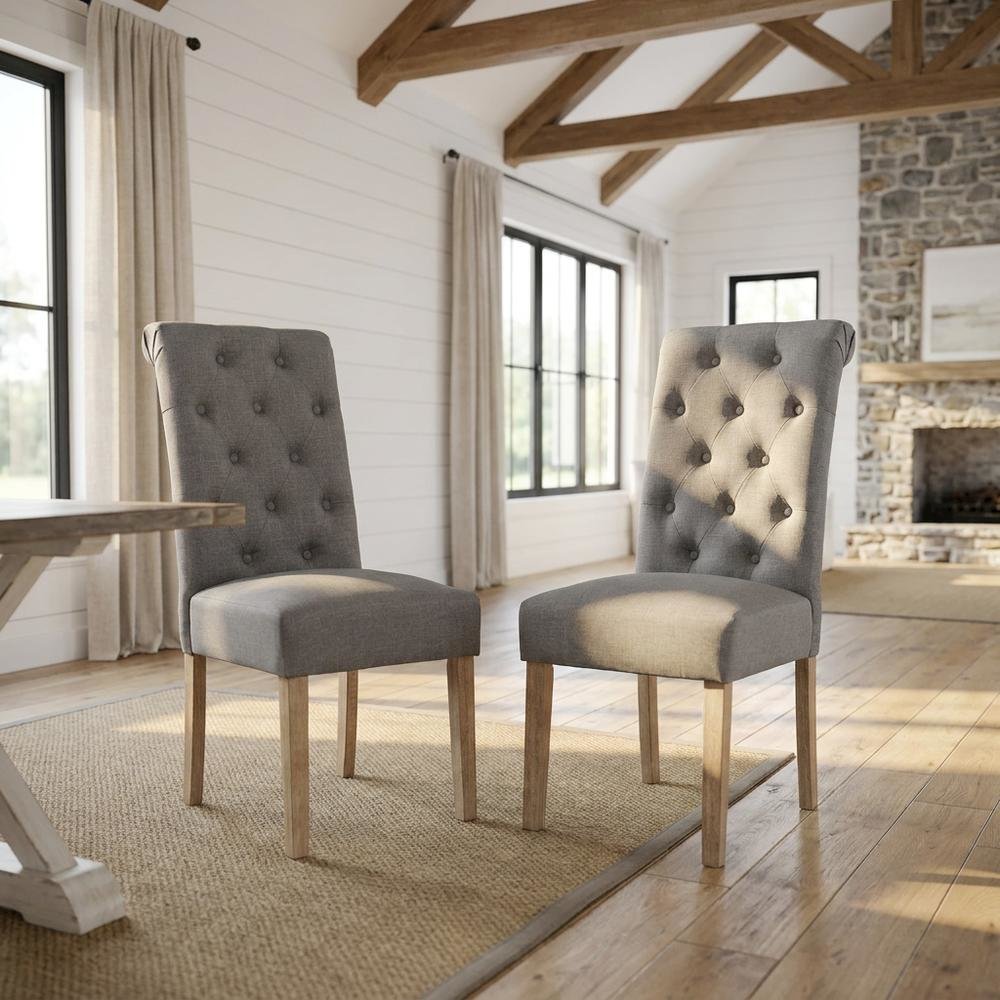 Solid Wood Tufted Parsons Upholstered Fabric Dining Chairs, Grey, Set of 2. Picture 3
