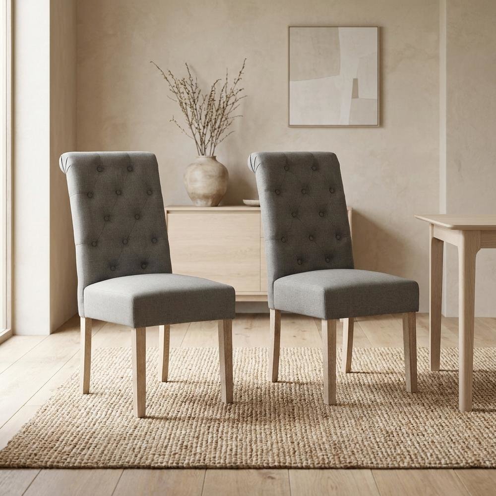 Solid Wood Tufted Parsons Upholstered Fabric Dining Chairs, Grey, Set of 2. Picture 4