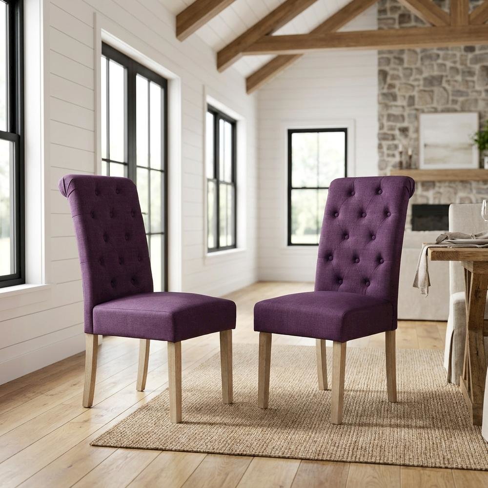 Solid Wood Tufted Parsons Upholstered Fabric Dining Chairs, Purple, Set of 2. Picture 2