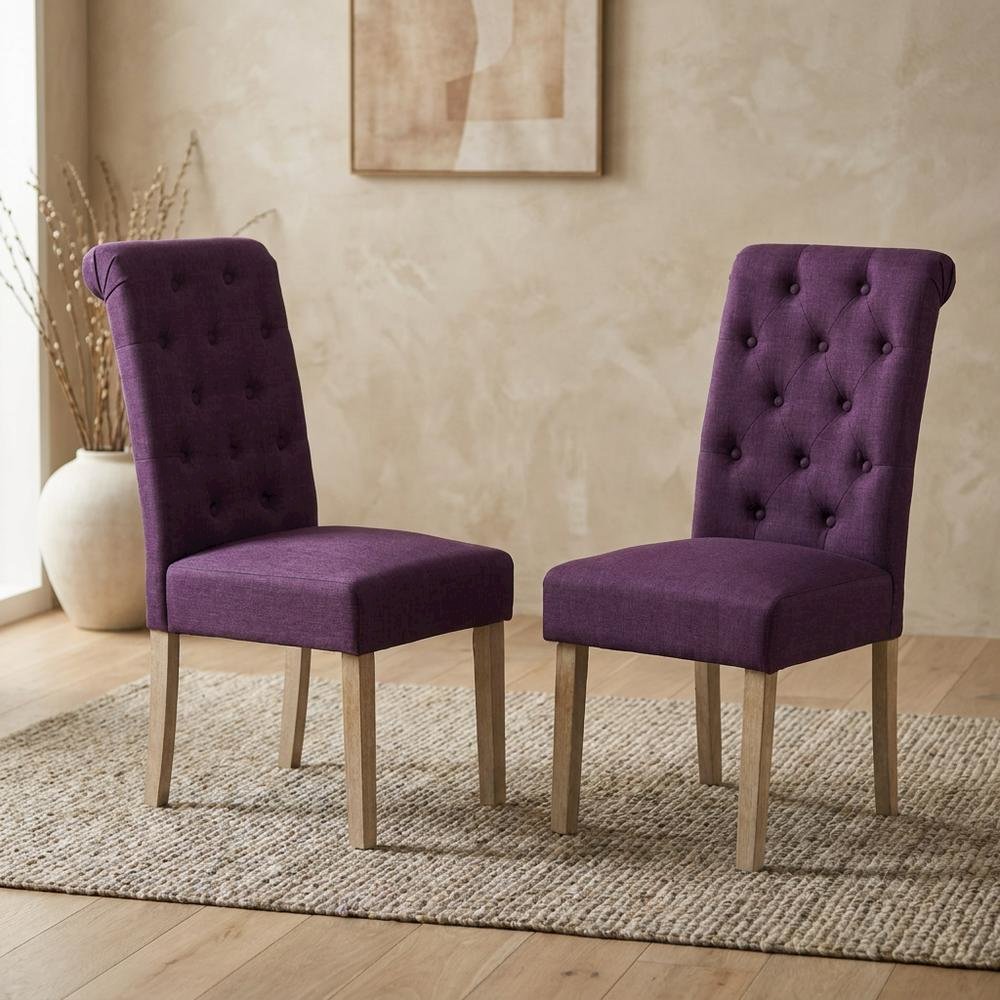 Solid Wood Tufted Parsons Upholstered Fabric Dining Chairs, Purple, Set of 2. Picture 3