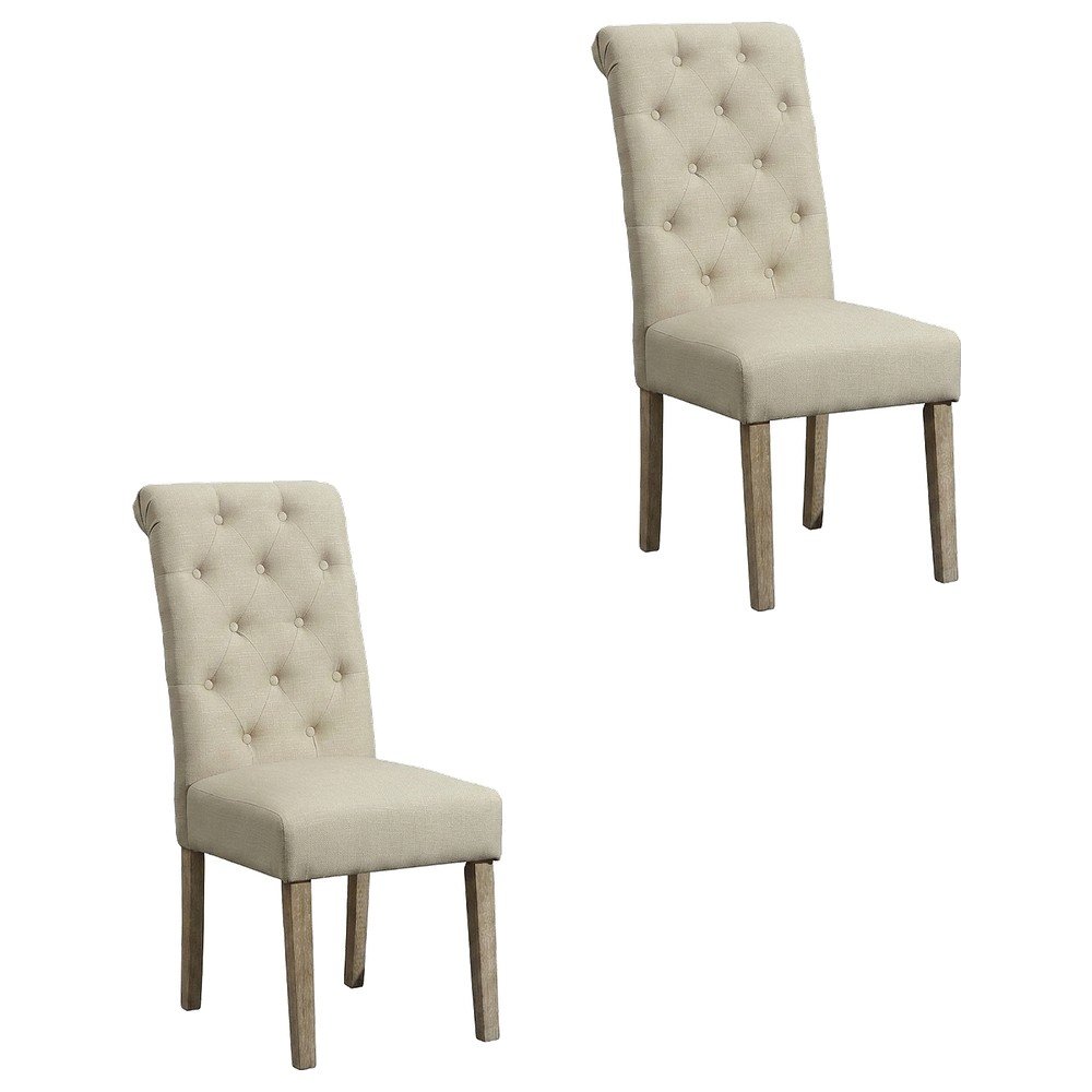 Solid Wood Tufted Parsons Upholstered Fabric Dining Chairs, Tan, Set of 2. Picture 1