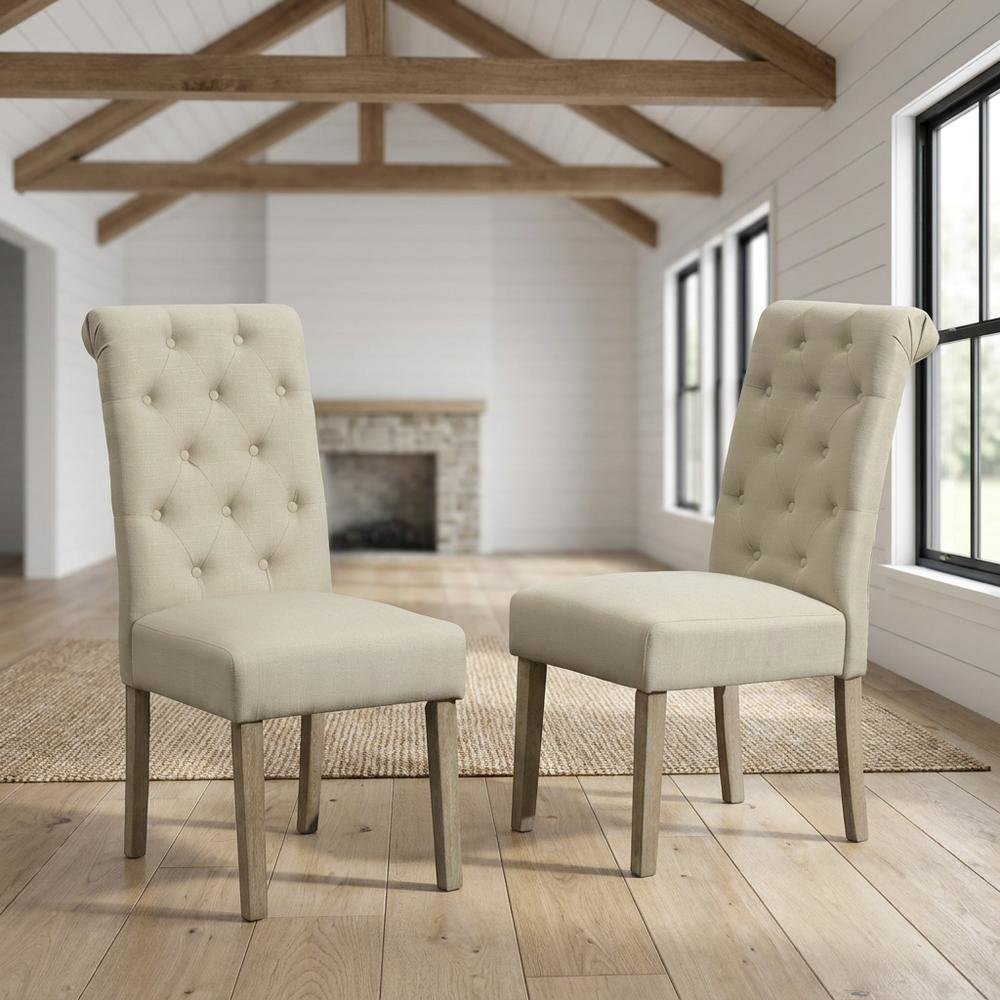 Solid Wood Tufted Parsons Upholstered Fabric Dining Chairs, Tan, Set of 2. Picture 3