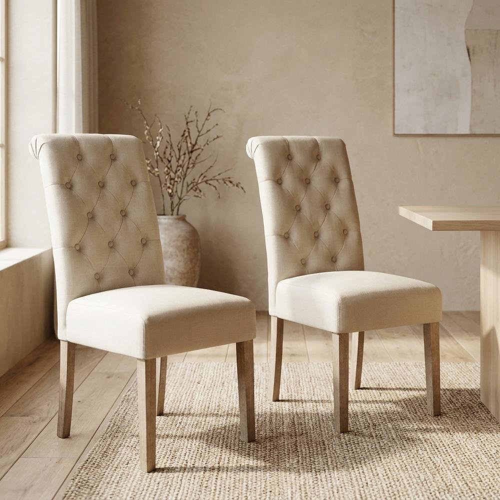 Solid Wood Tufted Parsons Upholstered Fabric Dining Chairs, Tan, Set of 2. Picture 4