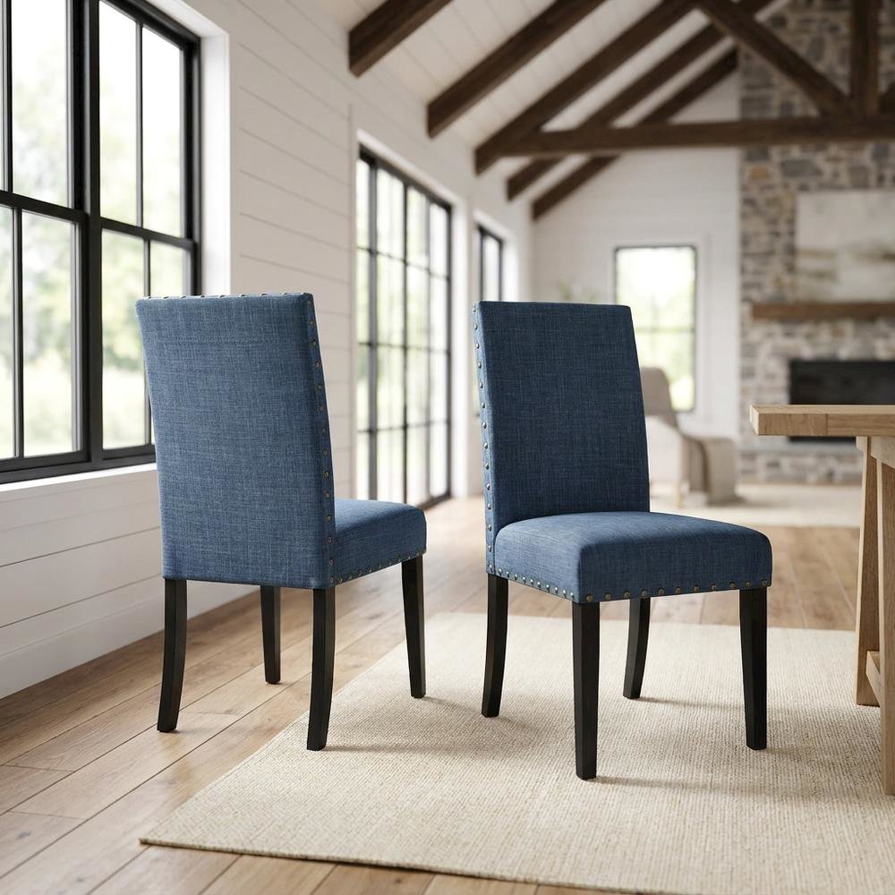 Fabric-Upholstered Dining Chairs with Nailhead Trim, Blue, Set of 2. Picture 3