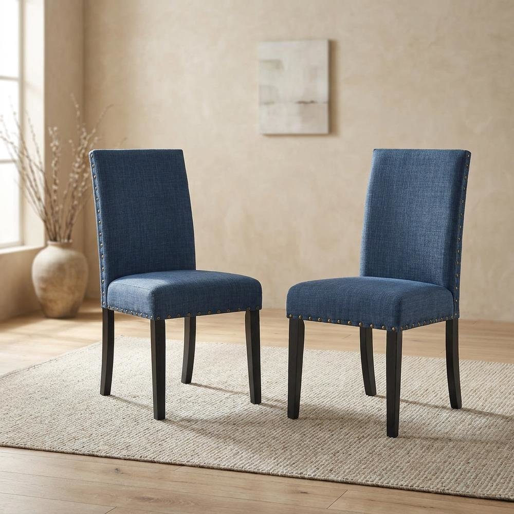 Fabric-Upholstered Dining Chairs with Nailhead Trim, Blue, Set of 2. Picture 4