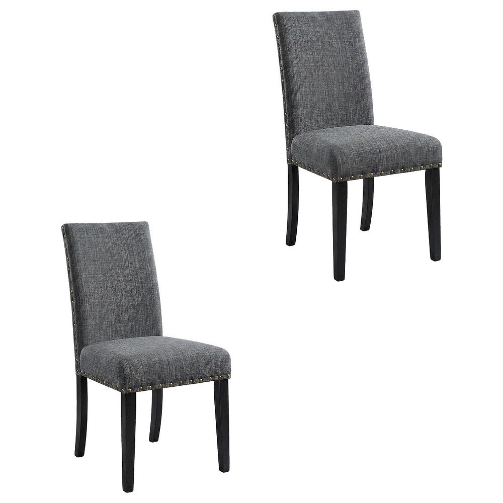 Fabric-Upholstered Dining Chairs with Nailhead Trim, Grey, Set of 2. Picture 1