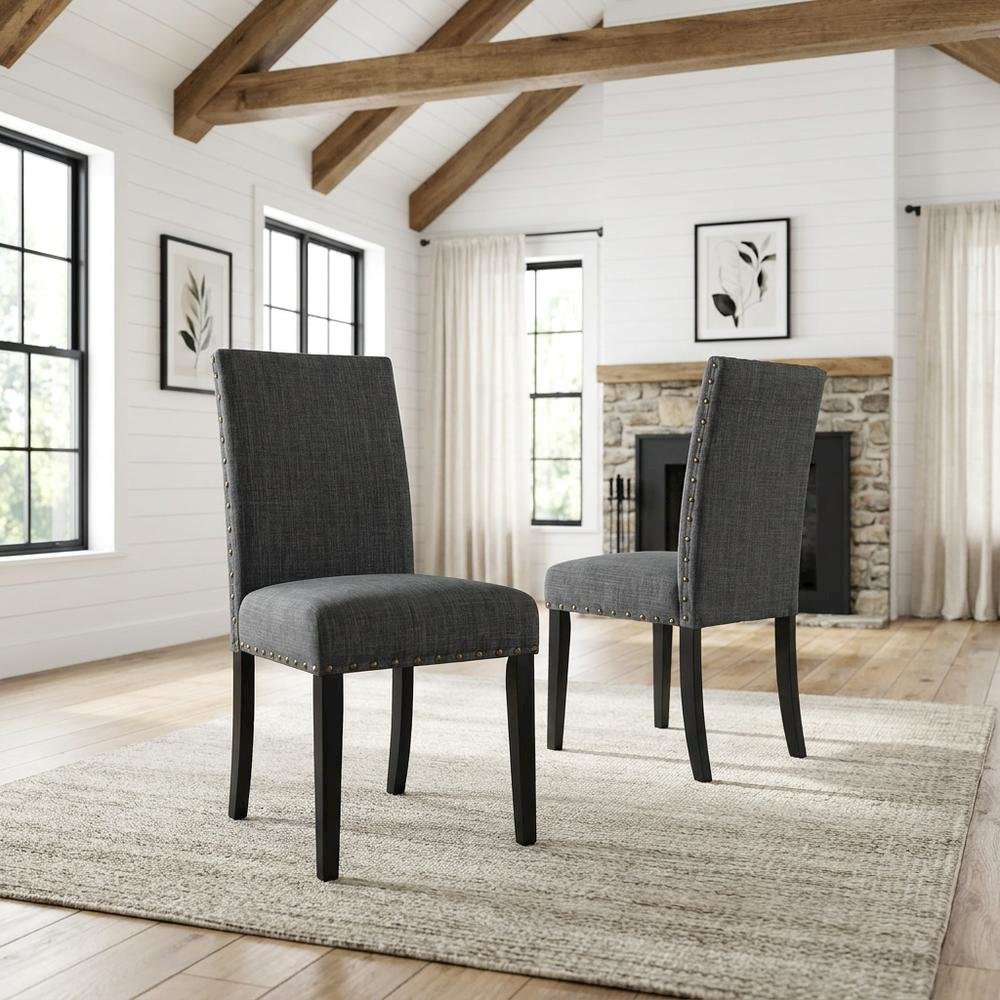 Fabric-Upholstered Dining Chairs with Nailhead Trim, Grey, Set of 2. Picture 3