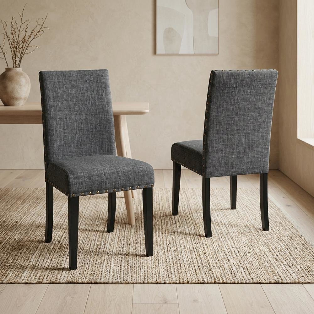 Fabric-Upholstered Dining Chairs with Nailhead Trim, Grey, Set of 2. Picture 4