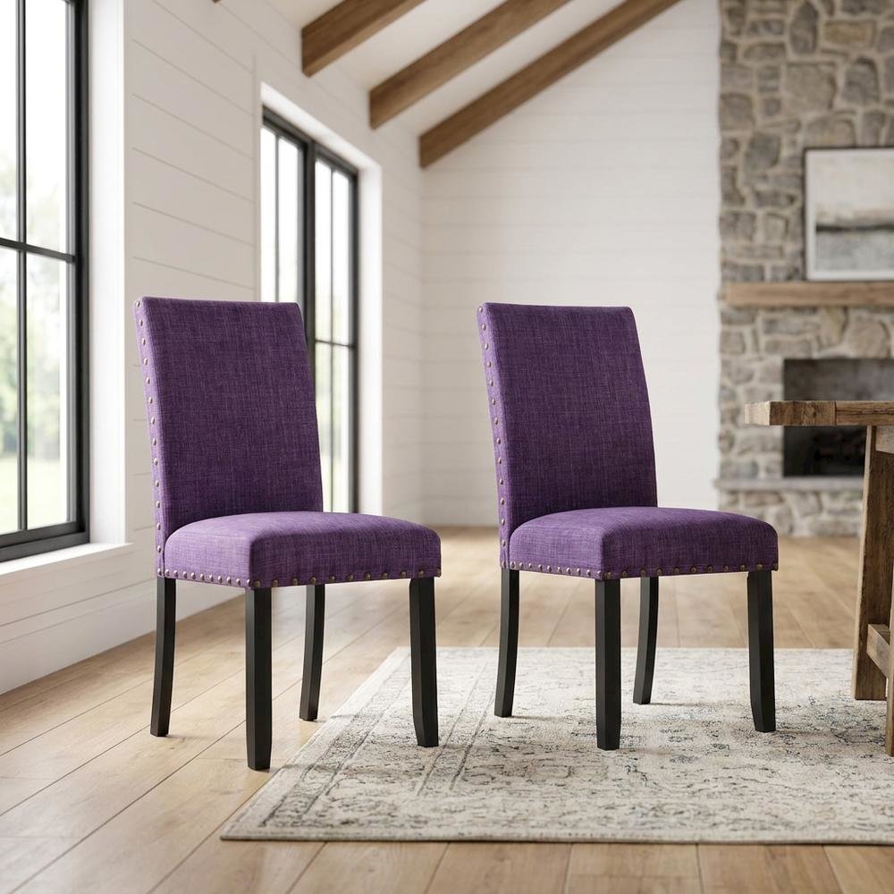 Fabric Upholstered Dining Chairs with Nailhead Trim, Purple, Set of 2. Picture 2