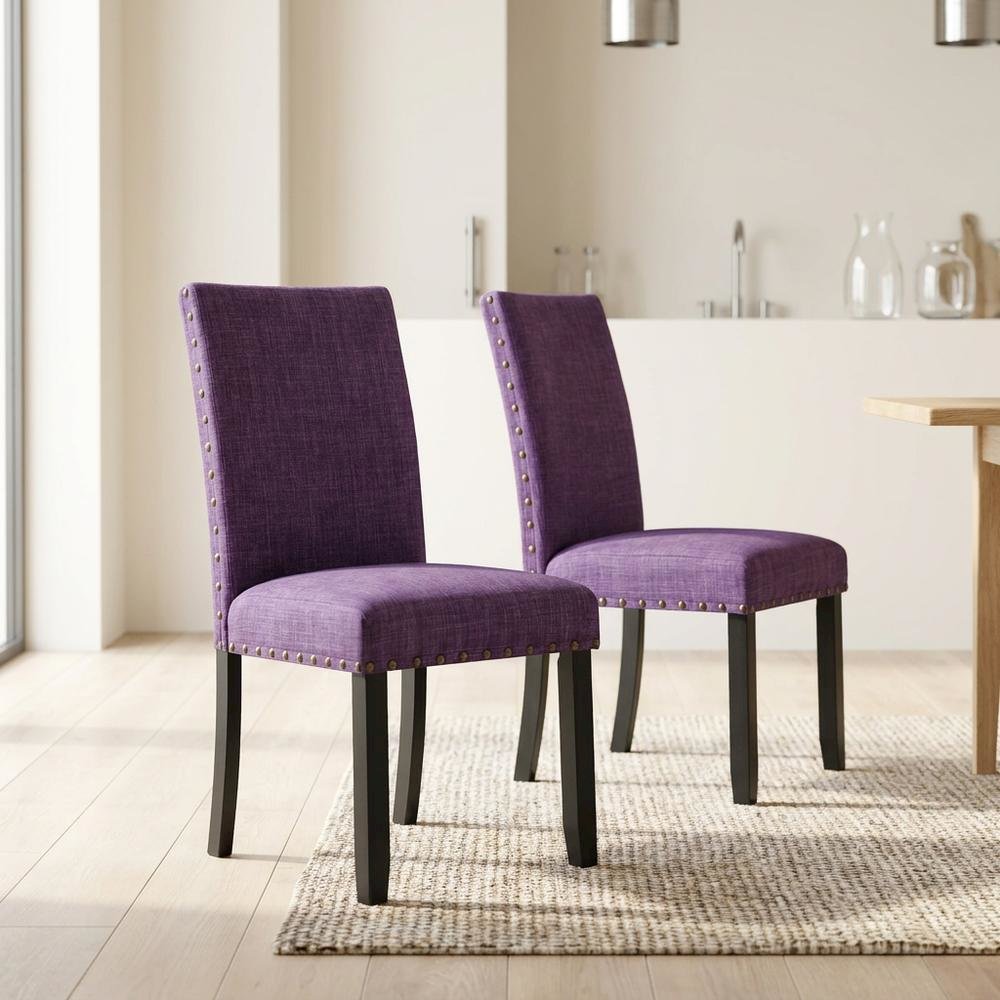 Fabric Upholstered Dining Chairs with Nailhead Trim, Purple, Set of 2. Picture 3