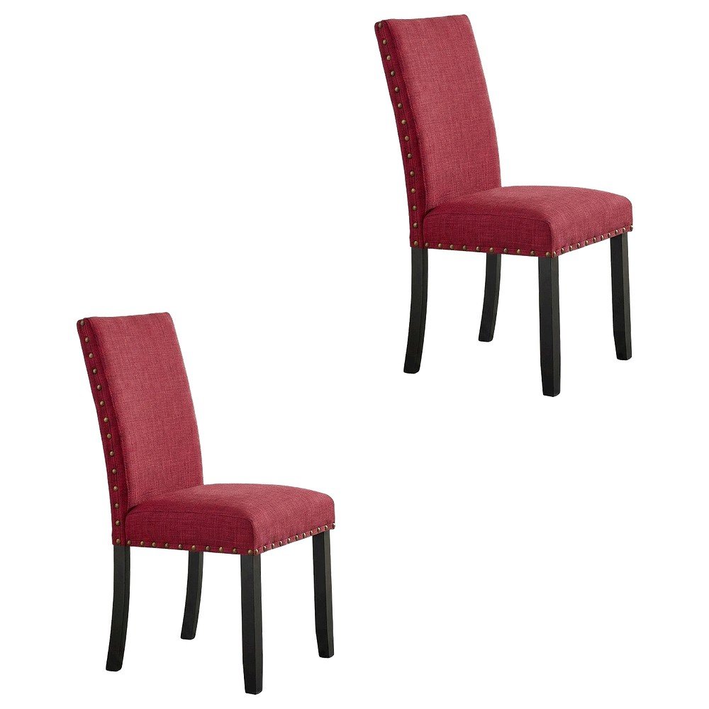 Fabric Upholstered Dining Chairs with Nailhead Trim, Red, Set of 2. Picture 1